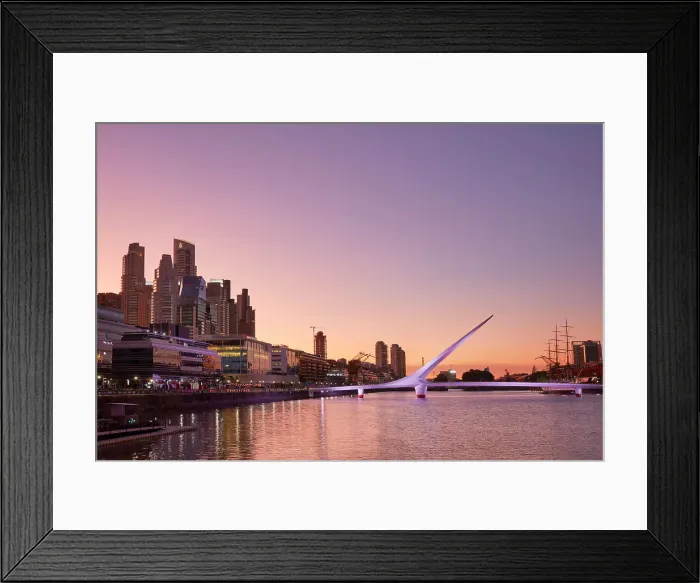 Framed Print : The Puente de la Mujer bridge and the Puerto Madero's skyscrapers at sunrise, Buenos Aires, Argentina Framed Print : The Puente de la Mujer bridge and the Puerto Madero's skyscrapers at sunrise, Buenos Aires, Argentina