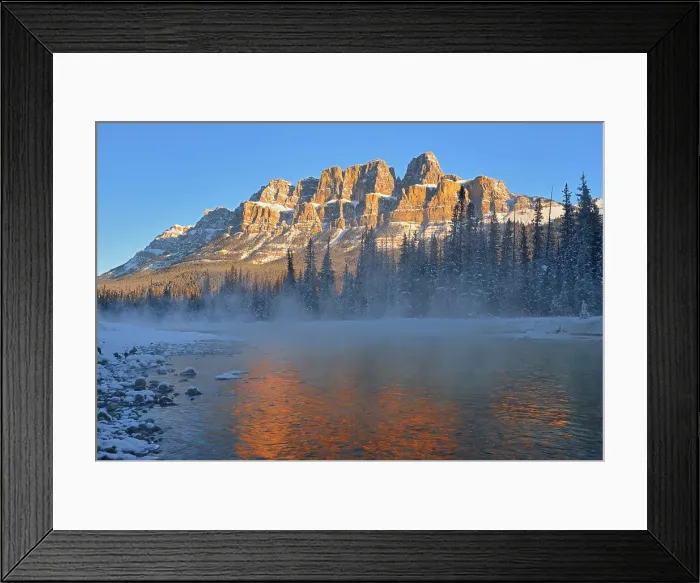 Framed Print : Castle Mountain of the Canadian Rocky Mountains reflected in the Bow River at sunrise. Banff National Park, Alberta, Canada Framed Print : Castle Mountain of the Canadian Rocky Mountains reflected in the Bow River at sunrise. Banff National Park, Alberta, Canada