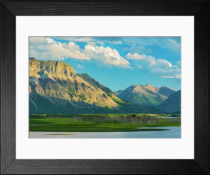 Framed Print : Rocky Mountains at sunset. Vimy Peak at left. Maskinonge Lake. Waterton Lakes National Park, Alberta, Canada