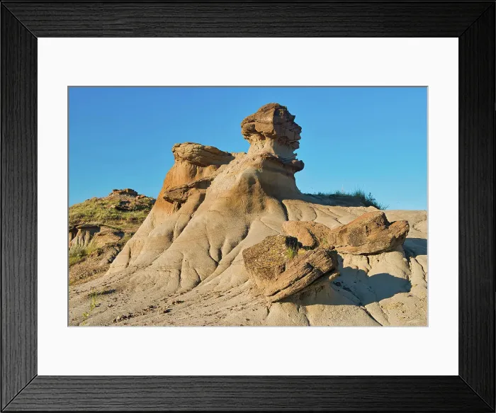 Framed Print : Hoodoo with fallen caps, Badlands, UNESCO World Heritage Site, Dinosaur Provincial Park, Alberta, Canada Framed Print : Hoodoo with fallen caps, Badlands, UNESCO World Heritage Site, Dinosaur Provincial Park, Alberta, Canada