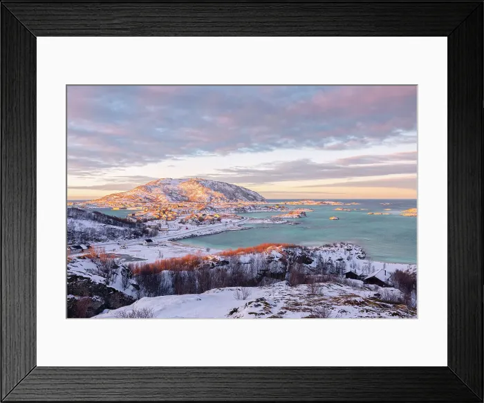 Framed Print : Fishing village of Sommaroy in winter during at sunset, Troms county, Norway Framed Print : Fishing village of Sommaroy in winter during at sunset, Troms county, Norway