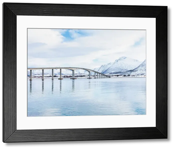 Framed Print : Sortland Bridge, Sortlandsbrua, crosses the Sortlandssundet strait between Strand on Hinnoya island and Sortland on Langoya island, Vesteralen, Norway
