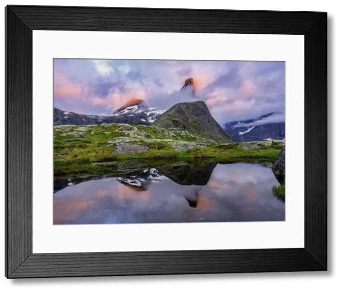 Framed Print : Romsdal horn reflected itself in a little lake at sunset, Andalsnes, More og Romsdal county, Norway Framed Print : Romsdal horn reflected itself in a little lake at sunset, Andalsnes, More og Romsdal county, Norway