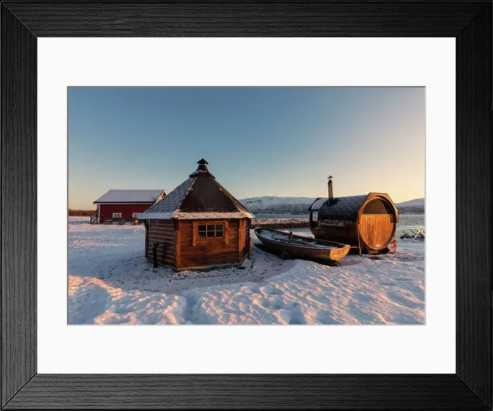 Framed Print : tipical lodge for sauna near Tromso, Troms County, Norway