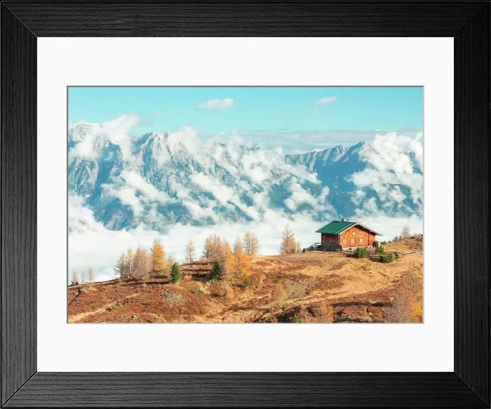 Framed Print : The Grunbichl Hut, Nordkette mountains in the background, Zirbenweg trail, Patscherkofel, Tyrol, Austria Framed Print : The Grunbichl Hut, Nordkette mountains in the background, Zirbenweg trail, Patscherkofel, Tyrol, Austria