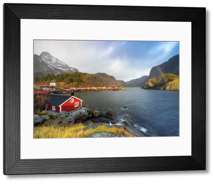 Framed Print : Rourbuer of Nusfjord at sunset with rainbow, Flakstad, Flakstadoya, Nordland, Lofoten, Norway Framed Print : Rourbuer of Nusfjord at sunset with rainbow, Flakstad, Flakstadoya, Nordland, Lofoten, Norway