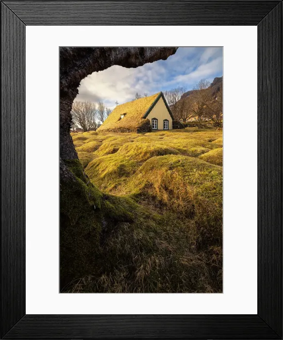 Framed Print : Hofskirkja church at sunset during autumn, Hof, Oraefi, Iceland Framed Print : Hofskirkja church at sunset during autumn, Hof, Oraefi, Iceland