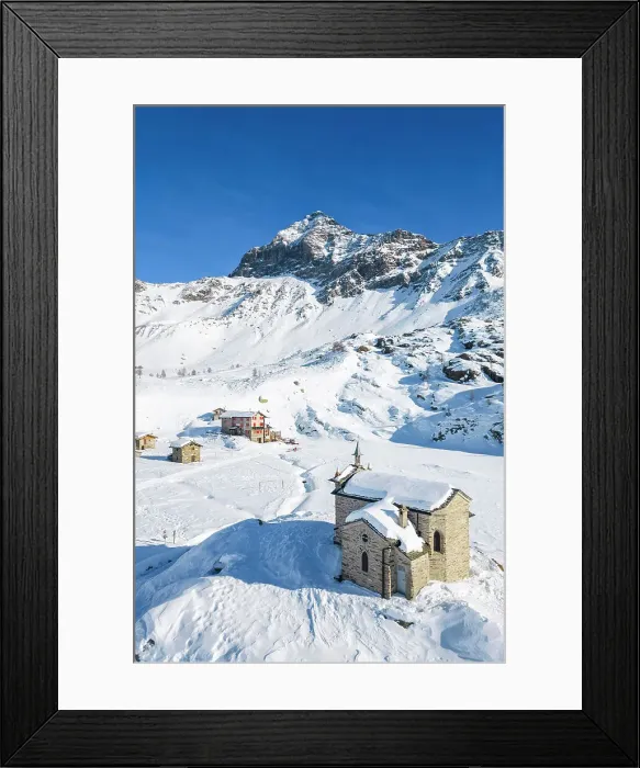 Framed Print : Alpe Prabello with Santuario Madonna della Pace and Mount Disgrazia in the background in winter. Lanzada, Valmalenco, Valtellina, Sondrio district, Lombardy, Italy, Europe Framed Print : Alpe Prabello with Santuario Madonna della Pace and Mount Disgrazia in the background in winter. Lanzada, Valmalenco, Valtellina, Sondrio district, Lombardy, Italy, Europe