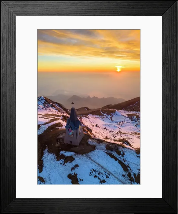 Framed Print : Aerial view of a winter sunset over Monumento al Redentore chapel on the top of Mount Mount Guglielmo. Zone, Brescia province, Lombardy, Italy Framed Print : Aerial view of a winter sunset over Monumento al Redentore chapel on the top of Mount Mount Guglielmo. Zone, Brescia province, Lombardy, Italy