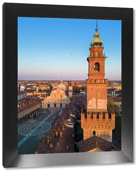 Aerial view of the Piazza Ducale, Cathedral and Bramante's tower at sunset. Vigevano, Lomellina, Province of Pavia, Lombardy, Italy