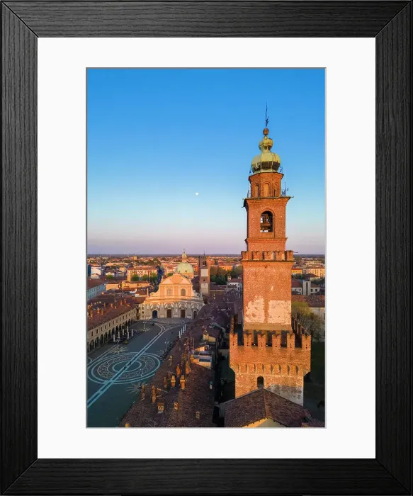 Framed Print : Aerial view of the Piazza Ducale, Cathedral and Bramante's tower at sunset. Vigevano, Lomellina, Province of Pavia, Lombardy, Italy Framed Print : Aerial view of the Piazza Ducale, Cathedral and Bramante's tower at sunset. Vigevano, Lomellina, Province of Pavia, Lombardy, Italy