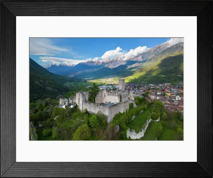 Framed Print : Aerial view of the ancient ruins of the castle of Breno. Brescia province, Valcamonica valley, Lombardy, Italy, Europe Framed Print : Aerial view of the ancient ruins of the castle of Breno. Brescia province, Valcamonica valley, Lombardy, Italy, Europe