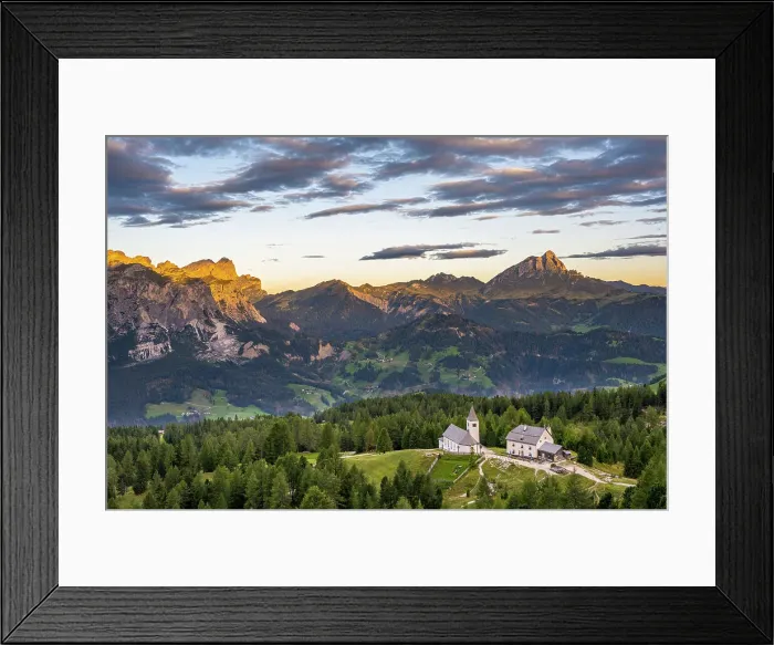 Framed Print : Alta Badia, Bolzano province, South Tyrol, Italy, Europe. The pilgrimage church La Crusc and the La Crusc refuge at sunrise Framed Print : Alta Badia, Bolzano province, South Tyrol, Italy, Europe. The pilgrimage church La Crusc and the La Crusc refuge at sunrise