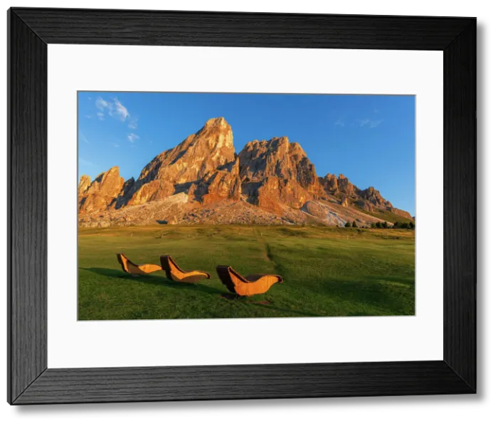 Framed Print : Empty wooden sun loungers for hikers in the meadows of Sass De Putia rock, Passo delle Erbe, Dolomites, Puez Odle, Bolzano district, South Tyrol, Italy, Europe Framed Print : Empty wooden sun loungers for hikers in the meadows of Sass De Putia rock, Passo delle Erbe, Dolomites, Puez Odle, Bolzano district, South Tyrol, Italy, Europe