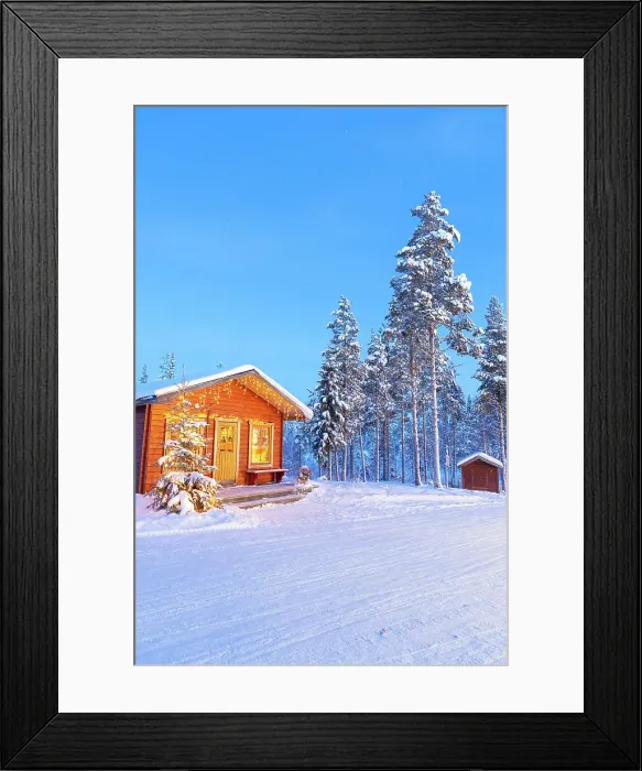 Framed Print : Traditional wood chalet with christmas lights in the snowy landscape, Kangos, Pajala municipality, Norrbotten county, Lapland, Sweden Framed Print : Traditional wood chalet with christmas lights in the snowy landscape, Kangos, Pajala municipality, Norrbotten county, Lapland, Sweden