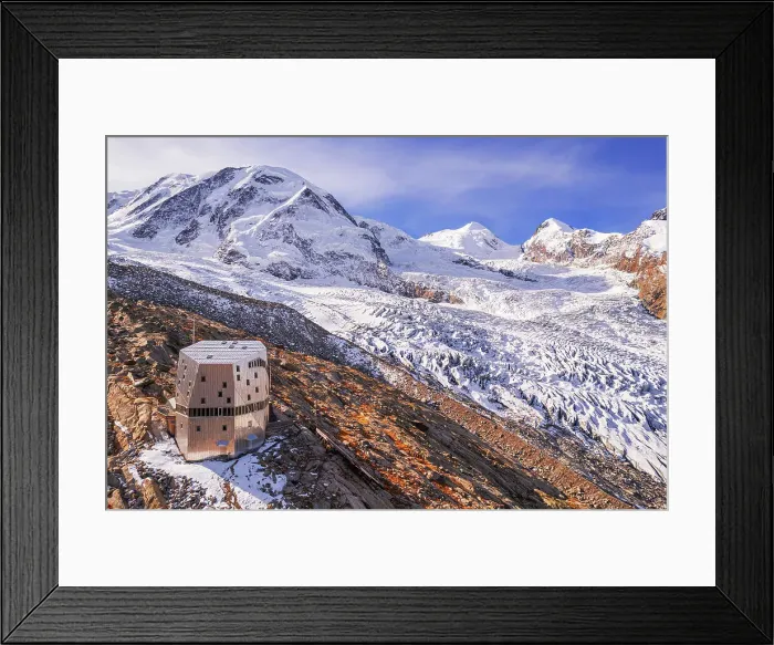 Framed Print : Monte Rosa hut (mountain refuge) surrounded by Gorner glacier and the peaks of the massif of Monte Rosa, Zermatt, Valais, Switzerland Framed Print : Monte Rosa hut (mountain refuge) surrounded by Gorner glacier and the peaks of the massif of Monte Rosa, Zermatt, Valais, Switzerland