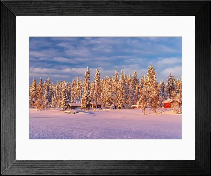 Framed Print : Winter view of wooden huts among trees in the snowy forest at sunrise, Kangos, Norrbotten, Lapland, Sweden Framed Print : Winter view of wooden huts among trees in the snowy forest at sunrise, Kangos, Norrbotten, Lapland, Sweden