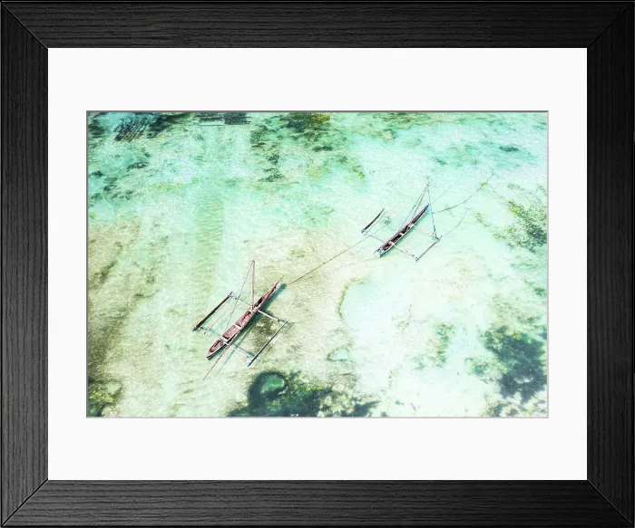 Framed Print : Overhead view of dhow boats moored in the emerald green water of lagoon, Paje, Jambiani, Zanzibar, Tanzania
