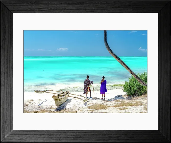Framed Print : Couple of Maasai with dhow admiring the crystal turquoise sea standing on a white coral beach, Zanzibar, Tanzania (MR) Framed Print : Couple of Maasai with dhow admiring the crystal turquoise sea standing on a white coral beach, Zanzibar, Tanzania (MR)