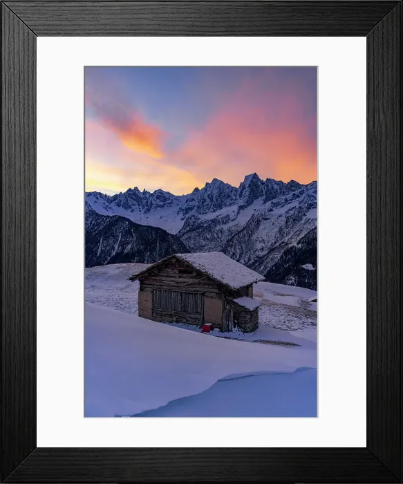 Framed Print : Sunrise over snowy mountains view from lone alpine chalet, Tombal, Soglio, Val Bregaglia, Graubunden, Switzerland Framed Print : Sunrise over snowy mountains view from lone alpine chalet, Tombal, Soglio, Val Bregaglia, Graubunden, Switzerland