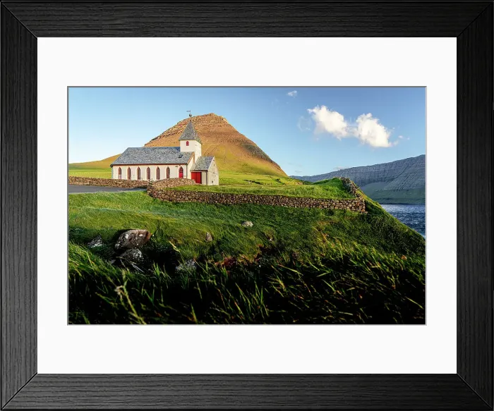 Framed Print : Traditional church of Vidareidi overlooking the ocean at sunset, Vidoy Island, Faroe Islands Framed Print : Traditional church of Vidareidi overlooking the ocean at sunset, Vidoy Island, Faroe Islands