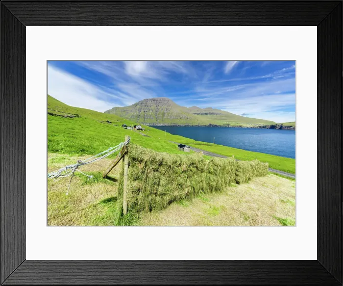 Framed Print : Sun-drying hay in the green fields above the ocean, Muli, Bordoy island, Faroe Islands, Denmark