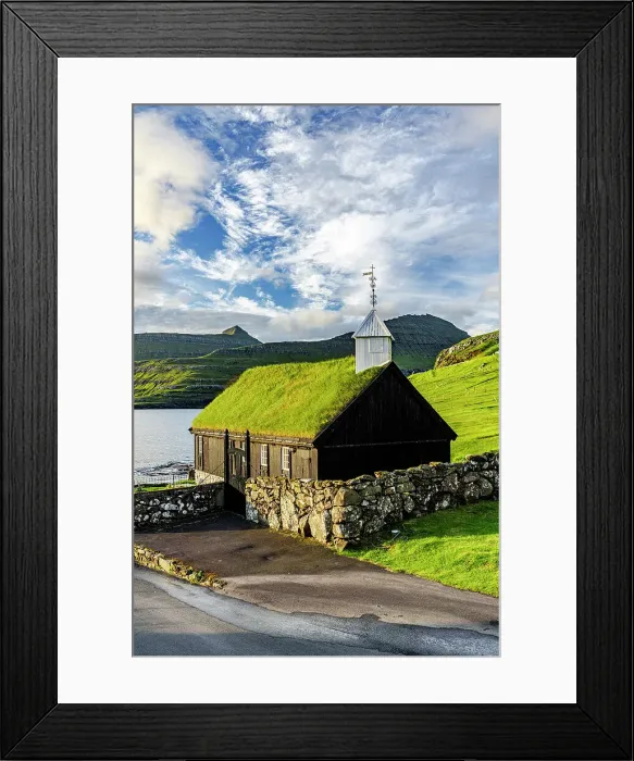 Framed Print : Traditional church with grass roof overlooking the fjord, Funningur, Eysturoy Island, Faroe Islands Framed Print : Traditional church with grass roof overlooking the fjord, Funningur, Eysturoy Island, Faroe Islands