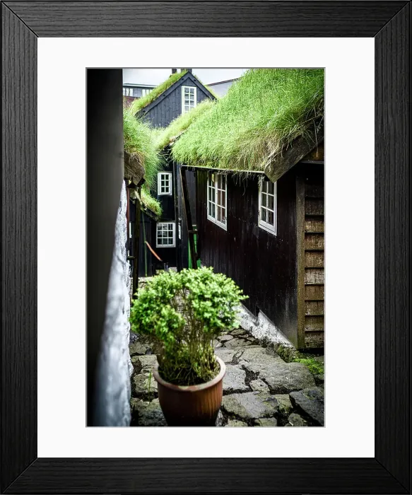 Framed Print : Traditional cottages with grass roof in the old town, Torshavn, Streymoy Island, Faroe Islands