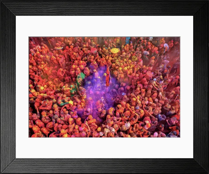 Framed Print : Aerial view of people celebrating the holy colour festival at Shri And Baba Temple, Nandgaon, Uttar Pradesh, India Framed Print : Aerial view of people celebrating the holy colour festival at Shri And Baba Temple, Nandgaon, Uttar Pradesh, India
