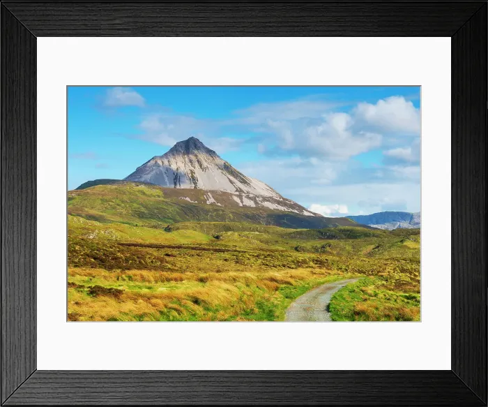 Framed Print : Ireland, Co. Donegal, Errigal mountain, Country road through landscape Framed Print : Ireland, Co. Donegal, Errigal mountain, Country road through landscape