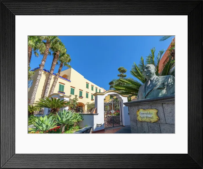 Framed Print : Statue of Commander Angelo Rizzoli and the La Reginella Hotel at Lacco Ameno, Ischia, Campania, Italy Framed Print : Statue of Commander Angelo Rizzoli and the La Reginella Hotel at Lacco Ameno, Ischia, Campania, Italy