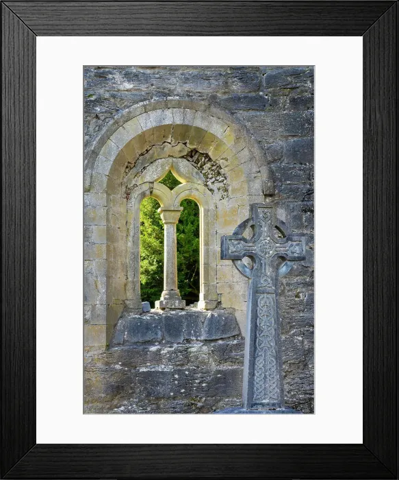 Framed Print : Ireland, Co. Mayo, Cong, Cong Abbey, Celtic cross and arched window