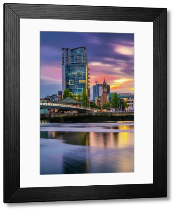 Framed Print : Northern Ireland, County Antrim, Belfast, City skline on Lagan River illuminated at night Framed Print : Northern Ireland, County Antrim, Belfast, City skline on Lagan River illuminated at night