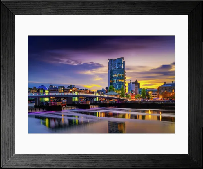Framed Print : Northern Ireland, County Antrim, Belfast, City skline on Lagan River illuminated at night Framed Print : Northern Ireland, County Antrim, Belfast, City skline on Lagan River illuminated at night