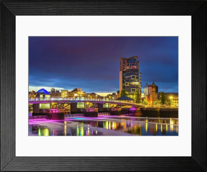 Framed Print : Northern Ireland, County Antrim, Belfast, City skline on Lagan River illuminated at night Framed Print : Northern Ireland, County Antrim, Belfast, City skline on Lagan River illuminated at night