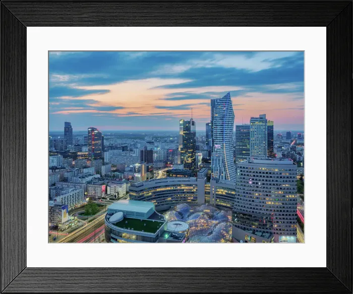 Framed Print : City Centre Skyline at dusk, elevated view, Warsaw, Masovian Voivodeship, Poland Framed Print : City Centre Skyline at dusk, elevated view, Warsaw, Masovian Voivodeship, Poland