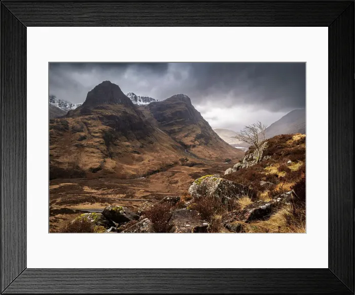 Framed Print : Overlooking the Pass of Glencoe and Three Sisters mountains, Glencoe, Scotland, UK. Spring (March) 2023 Framed Print : Overlooking the Pass of Glencoe and Three Sisters mountains, Glencoe, Scotland, UK. Spring (March) 2023