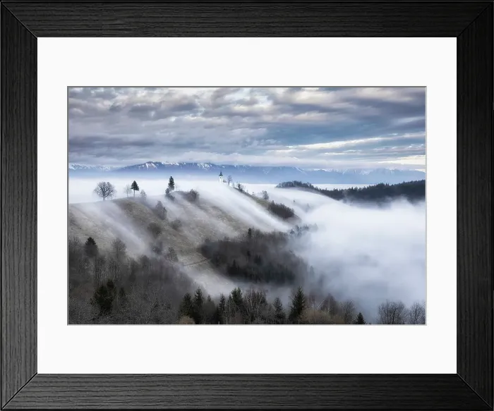 Framed Print : Cloud inversion around Church of St. Primoz, Jamnik, Slovenia Framed Print : Cloud inversion around Church of St. Primoz, Jamnik, Slovenia