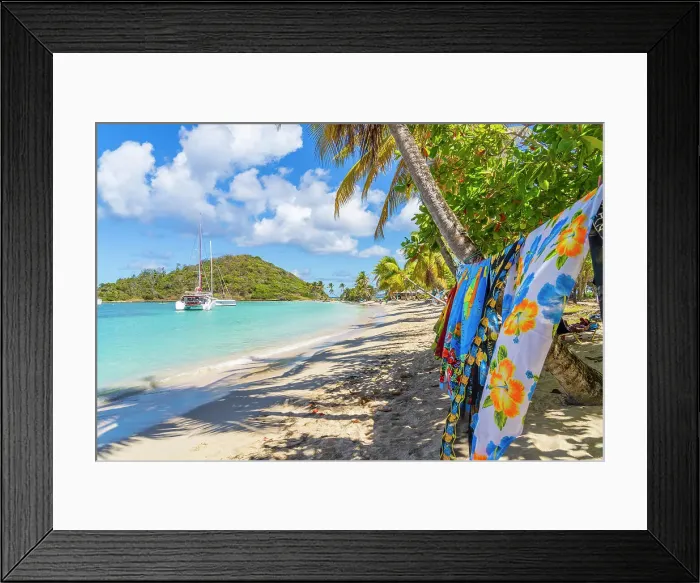 Framed Print : Sarongs for sale on Salt Whistle bay Beach, Mayreau Island in the Tobago Cays in the Grenadines Islands, Saint Vincent and the Grenadines, Caribbean Framed Print : Sarongs for sale on Salt Whistle bay Beach, Mayreau Island in the Tobago Cays in the Grenadines Islands, Saint Vincent and the Grenadines, Caribbean