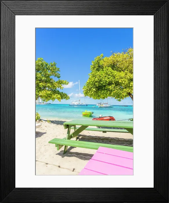 Framed Print : Colourful benches at an ouitdoor restaurant, Petit Rameau Island part of the Tobago Cays in the Grenadines Islands, Saint Vincent and the Grenadines, Caribbean Framed Print : Colourful benches at an ouitdoor restaurant, Petit Rameau Island part of the Tobago Cays in the Grenadines Islands, Saint Vincent and the Grenadines, Caribbean
