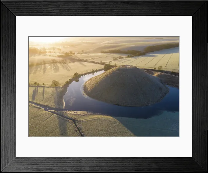 Framed Print : Aerial view of a flooded Silbury Hill on a frosty winter morning, Avebury, Wiltshire, England. Winter (February) 2023 Framed Print : Aerial view of a flooded Silbury Hill on a frosty winter morning, Avebury, Wiltshire, England. Winter (February) 2023