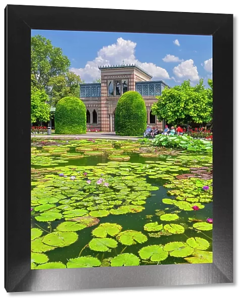 Water Lily pond with Moorish Manqueting Hall, zoological and botanical gardens, Wilhelma, Stuttgart, Baden-Wurttemberg; Germany