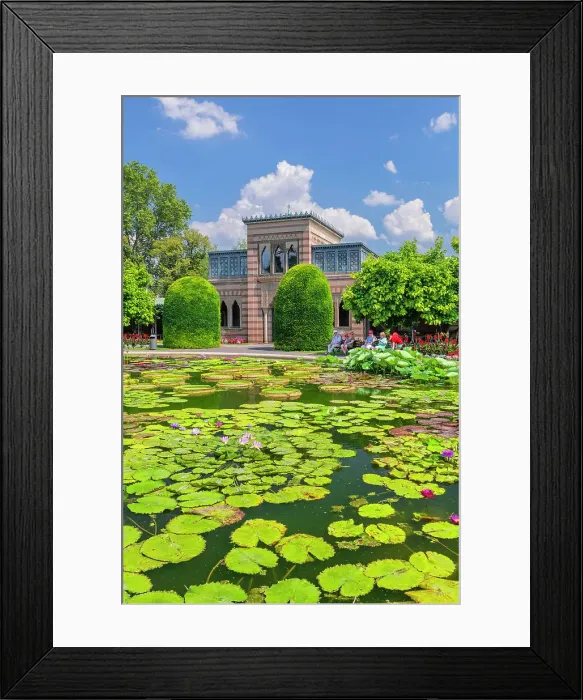 Framed Print : Water Lily pond with Moorish Manqueting Hall, zoological and botanical gardens, Wilhelma, Stuttgart, Baden-Wurttemberg; Germany Framed Print : Water Lily pond with Moorish Manqueting Hall, zoological and botanical gardens, Wilhelma, Stuttgart, Baden-Wurttemberg; Germany