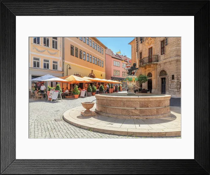 Framed Print : Breiter Brunnen fountain with town hall, Bad Langensalza, Thuringia, Germany