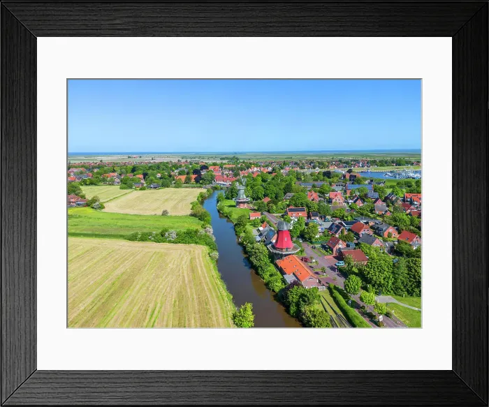 Framed Print : Aerial view of the Twinmills of Greetsiel, Krummhorn, East Frisia, Lower Saxony, Germany