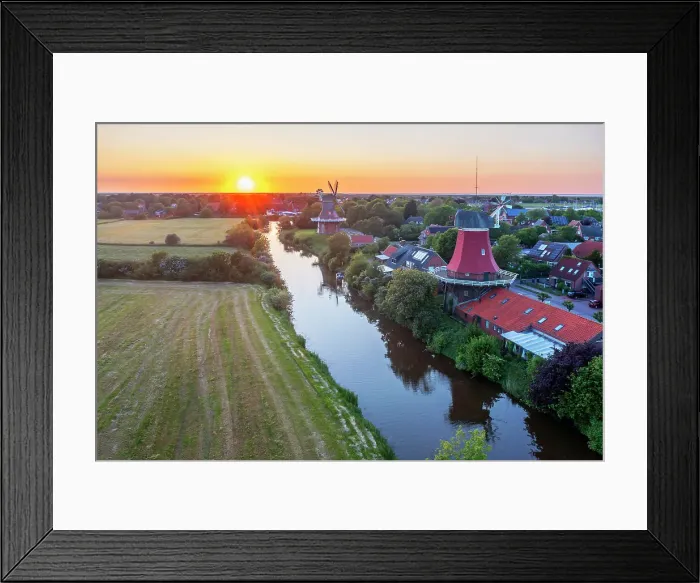 Framed Print : Aerial view at the Sunset at the Twinmills of Greetsiel, Krummhorn, East Frisia, Lower Saxony, Germany Framed Print : Aerial view at the Sunset at the Twinmills of Greetsiel, Krummhorn, East Frisia, Lower Saxony, Germany