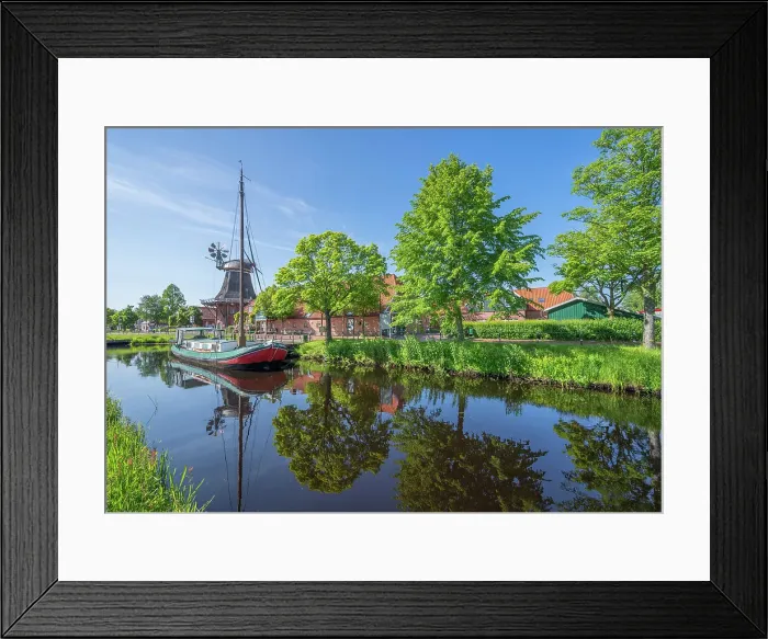 Framed Print : Windmill Ostgroszefehn with turf ship, Groszefehn, East Frisia, Lower Saxony, Germany