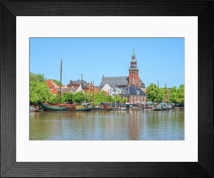 Framed Print : Harbor of Leer with city hall and river Leda, East Frisia, Lower Saxony, Germany Framed Print : Harbor of Leer with city hall and river Leda, East Frisia, Lower Saxony, Germany