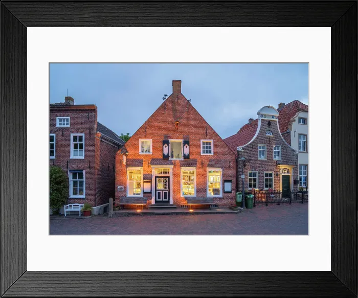 Framed Print : Cafe at Greetsiel in the evening light, Krummhorn, East Frisia, Lower Saxony, Germany