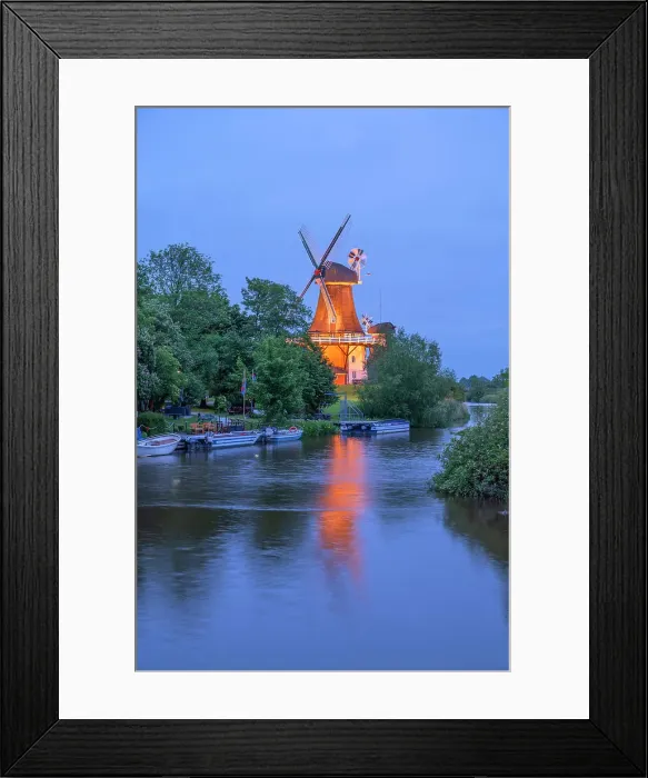 Framed Print : Twinmills of Greetsiel at dusk, Krummhorn, East Frisia, Lower Saxony, Germany